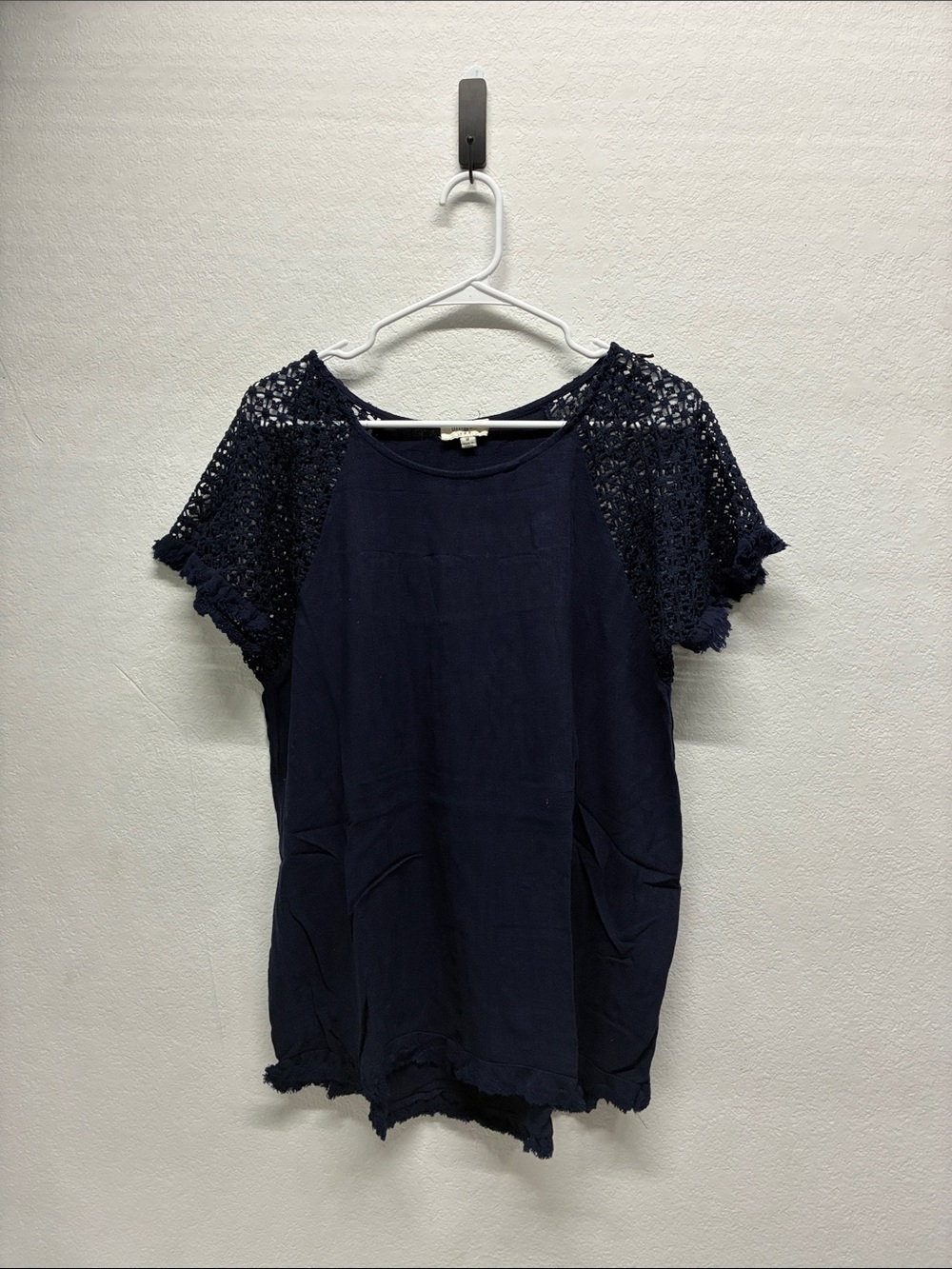 Umgee Navy Blue Lace Fringe Linen Short Sleeve Shirt